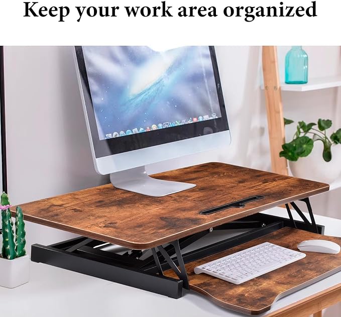 37 Inch Standing Desk Converter - Manual Pneumatic Spring, Two Monitor Stable Standing Desk Converter, 5.9"to18.8"Height Adjustable Laptop Workstation With Keyboard Tray For Home, Company(Tiger Brown)