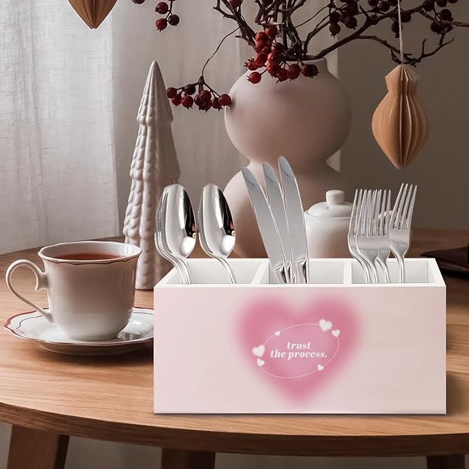 URLLUAE Preppy Pink Heart Aura Inspirational Wooden Pen Pencil Holder for Office Desk Accessories, Trust the Process Spiritual Positive Makeup Brush Toothbrush Holder Organizer