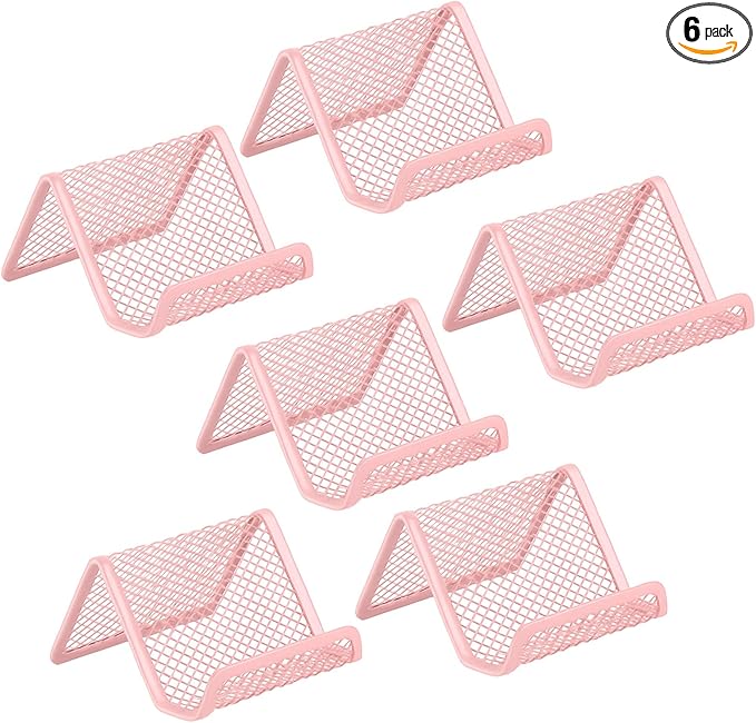 EMOMAS Business Card Holder for Desk, Office Desktop Business Card Display Holder, Mesh Business Card Holder, Desk Accessories for Women and Men, Pink(6 Pack)