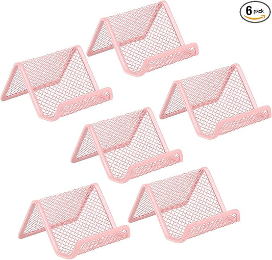 EMOMAS Business Card Holder for Desk, Office Desktop Business Card Display Holder, Mesh Business Card Holder, Desk Accessories for Women and Men, Pink(6 Pack)
