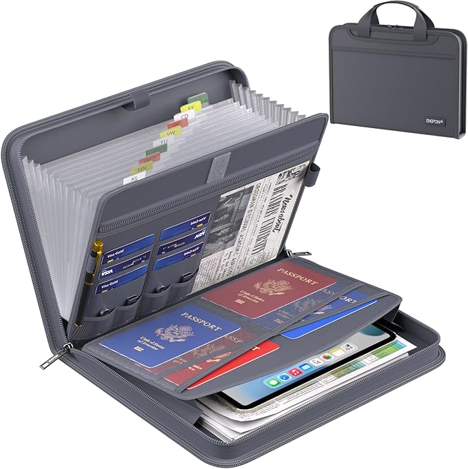 ENGPOW Accordion File Organizer,Fireproof Expanding File Folder with Multi Pockets,13 Pockets Document Organizer Bag with Handle & Labels,Portable Home Travel Safe Storage for Letter A4 Files,Gray