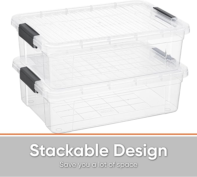 Superio Clear Storage Boxes with Lids, 13.7 Quart Plastic Container Bins for Organizing, Stackable Crates, BPA Free, Non Toxic, Odor Free, Organizers for Home, Office, School, and Dorm