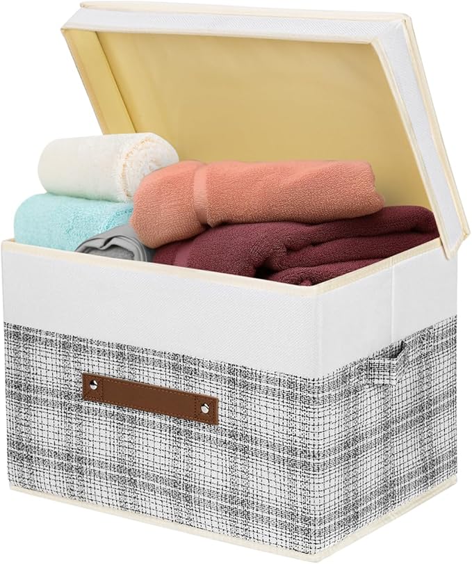 TYEERS Collapsible Storage Bins with Lids, Patchwork Design, Washable, Fabric Storage Boxes, 14.9x9.8x9.8 inches, 5 Pack, Gray