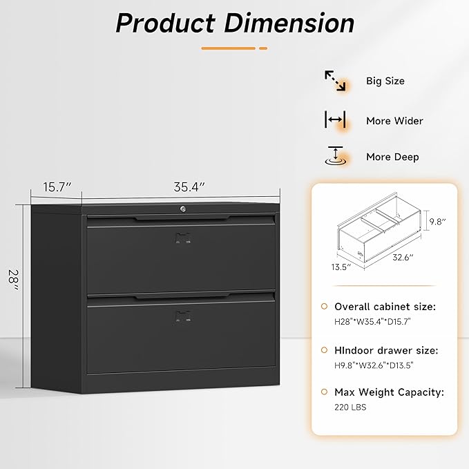 Bestoo 2-Drawer Lateral File Cabinet with Lock, Metal Filing Cabinet for Home Office, Lateral Filing Storage Cabinets, Fits File Folders, Letter/Legal/F4/A4 Sizes, Assembly Required (Black)