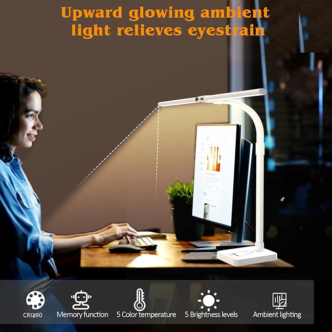AKRRYR Led Desk Lamp for Home Office,24W Bright Eye-Caring Desk Light with Base,5 Brightness and 5 temperatures Dimmable Workbench Task Light, Adjustable Gooseneck Table Lamp for Monitor(White)