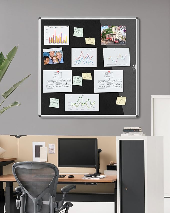 Mifuro 38"x38" Enclosed Bulletin Board, Lockable Weather-Resistant Aluminum Cork Noticeboard for School & Office, Silver Frame w/Black Flet