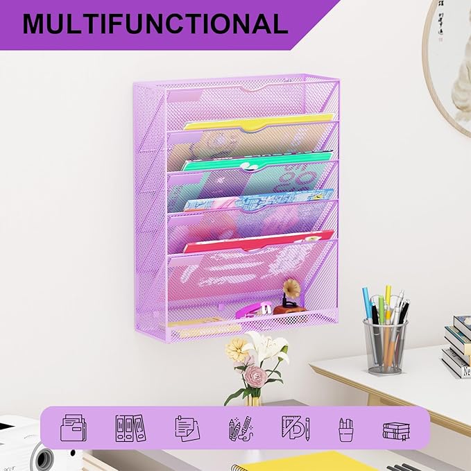 GDINDINFAN Hanging Wall File Organizer 6 Tier Wall Mounted Mail Paper Folder Holder Document Organization Stand, Vertical Desk Magazine Rack for Office Home Cubicle Countertop, Light Purple