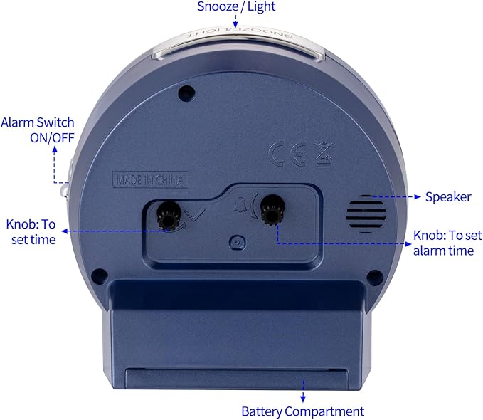 Tinload 4.3" No Ticking Analog Alarm Clock,Silent Readable for Seniors,Easy to Set,Gradual Rise Alarm,Big Numbers,On/Off Switch on Side,Gentle Wake,Snooze,Lighted on Demand,Battery Operated,Blue