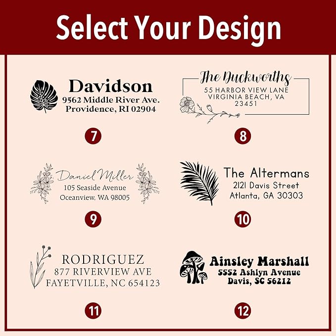 Custom Floral Address Stamp | Choose from 12 Designs | Multiple Ink Color Options | Envelope Return Address Stamp for Couple or Family (Design 7, Large)