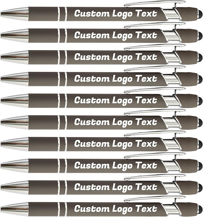 HEYZARDA Personalized Pens with Name Text Logo Custom Ballpoint Pen for Business Office Events with Stylus for Touchscreen 10 Pcs Grey