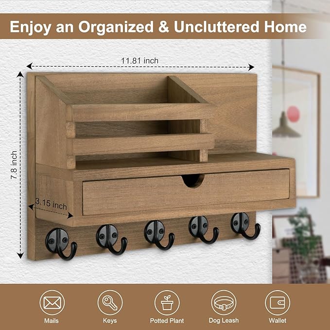 Lucundm Key Holder Wall Mount, Mail Holder with Storage Drawer and 5 Key Hooks for Coat, Dog Leash, Home Decor Rack, House Accessories, Entry Way Organizer (Light Brown)