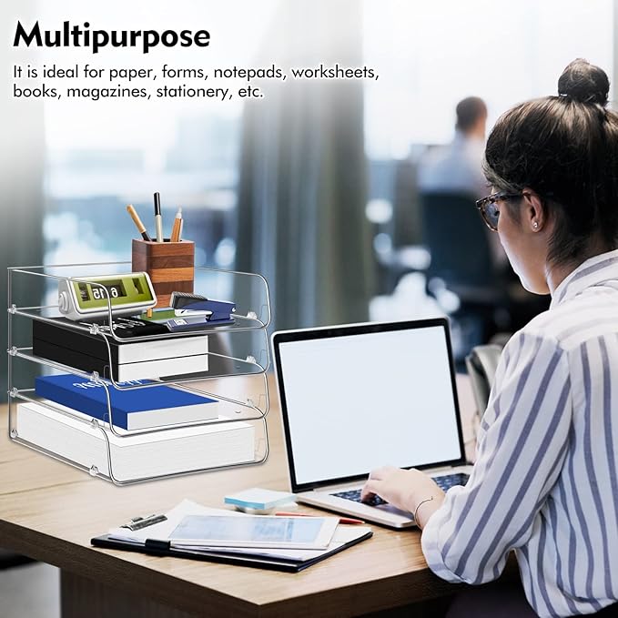 Lunmore Stackable Paper Trays, 4 Tier Desk File Organizer, Document Letter Tray for Office Supplies, Magazine