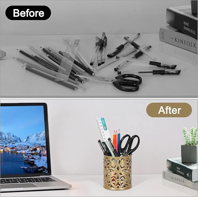 EasyPAG Gold Pen Holder for Desk, 2 Pack Round Pen Organizer, Brush Holder for Vanity, Metal Pencil Cup Organizer for Home, Office, Classroom, School