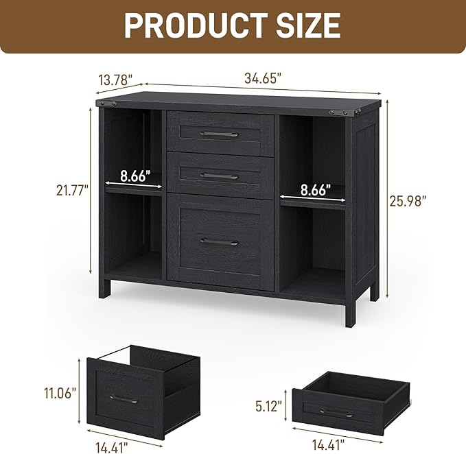 Vabches File Cabinet with 3 Drawers, Farmhouse Lateral File Cabinet Fits Files Letter/A4 Size, Wooden Filing Cabinet with Adjustable Shelves Printer Stand for Home Office, Black