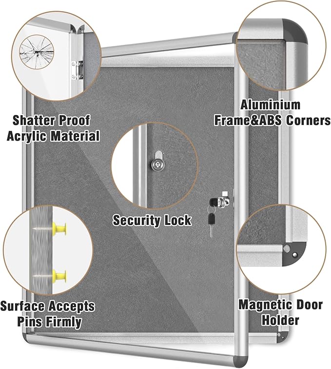 Mifuro 28"x26" Enclosed Bulletin Board, Lockable Weather-Resistant Aluminum Cork Noticeboard for School & Office, Silver Frame w/Grey Flet