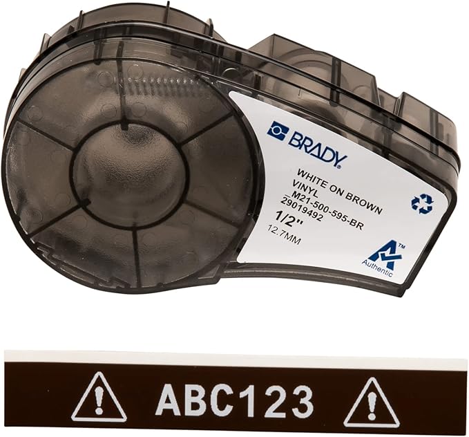 Brady Authentic (M21-500-595-BR) All-Weather Vinyl Label for Indoor/Outdoor ID, Lab and Equipment Labeling, White on Brown- ForM210, M210-LAB, M211, BMP21-PLUS and BMP21-LAB Printers, .5" W, 21' L