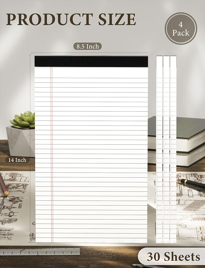 Note Pads 8.5 x 14 Wide Ruled, 4 Pack Legal Pads 8.5 x 14 White Paper Pads Lined Paper Tablets, Notebook Pads 8.5x14, White Lined Paper Pads 8.5x14 Writing Pad, 70 GSM Notebook Paper, 30 Sheets/Pad