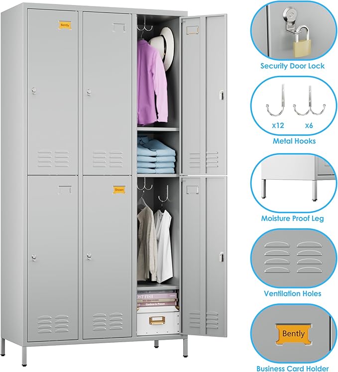 SUPEER 6 Doors Metal Locker Employee with Business Card Holder,Metal Locker for Employees with 18 Hooks for School Garage Office Gym Home,Assembly Required,Light Grey