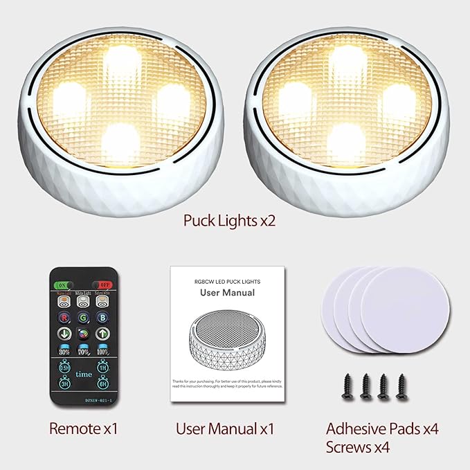 Onumii Puck Lights with Remote Battery Operated ED Under Cabinet Lighting Wireless Stick on Color Changing Timer Tap Lights for Cabinets Shelves Closets Display Case - 2Pack White