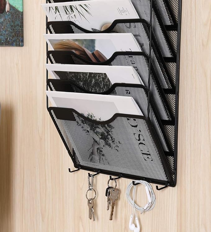 EasyPAG 8 Pocket Mesh Wall File Organizer with Key Hooks, Hanging Paper Folder Holder with Classify Label, Vertical Wall Mount Mail Organizer for Office Home Classroom, Black