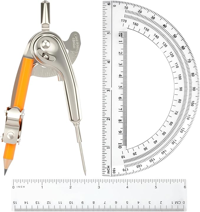 4 Pieces Geometry Math Set Compass for Geometry Math Compass and Protractor Set Include Metal Compass with Pencil Plastic Ruler and Protractor for Student School Office Woodworking Drawing Tools