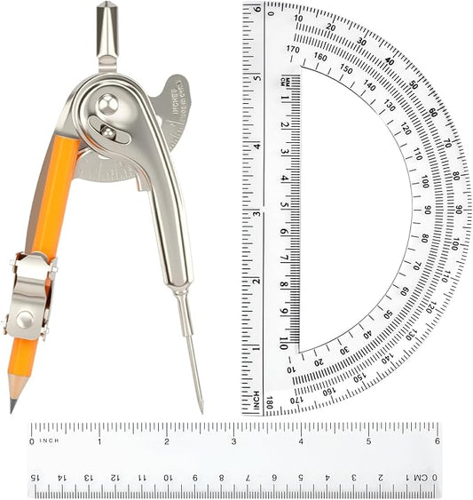 4 Pieces Geometry Math Set Compass for Geometry Math Compass and Protractor Set Include Metal Compass with Pencil Plastic Ruler and Protractor for Student School Office Woodworking Drawing Tools