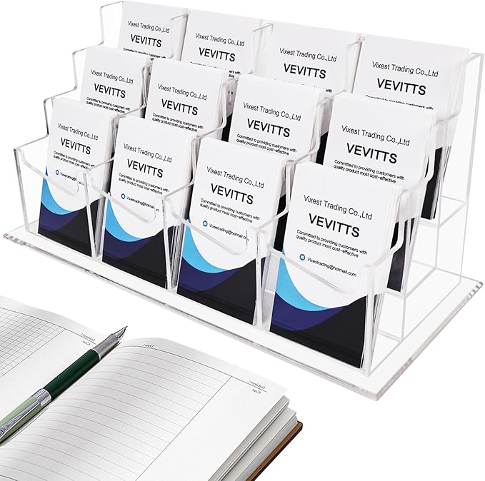 Vevitts Vertical Business Card Holder, Acrylic Business Card Display, Clear Desktop Business Card Stand for Exhibition, Home & Office Clear 3 Tiers 12 Slots