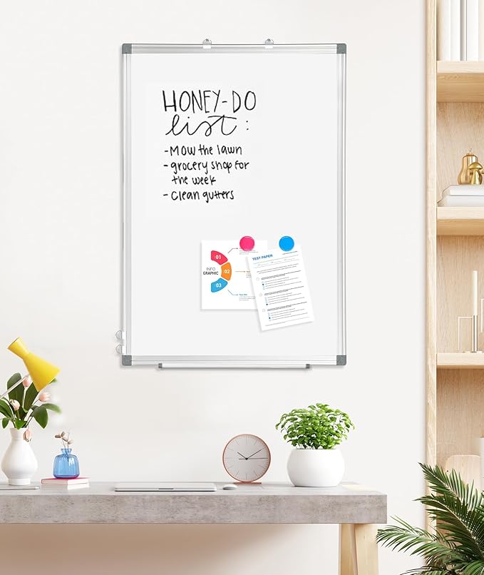 AMUSIGHT Double-Sided Magnetic Whiteboard, 24" x 18" Dry Erase Board Aluminum Frame for Wall, White Board Marker Board for Kitchen, Memo, School, Home, Office