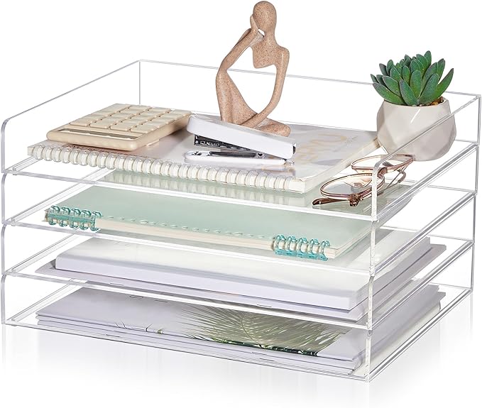 Harloon 4 Tier Acrylic Paper Tray 13 x 10 x 1.7 Inches Stackable Letter Clear Organizer No Need to Assemble Acrylic Paper File Organizer for Office Workspace Desktop Storage (Transparent)