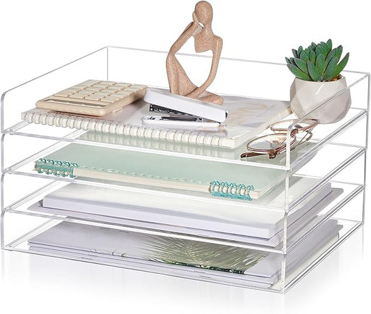 Harloon 4 Tier Acrylic Paper Tray 13 x 10 x 1.7 Inches Stackable Letter Clear Organizer No Need to Assemble Acrylic Paper File Organizer for Office Workspace Desktop Storage (Transparent)