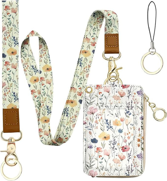 bolimoss 2-in-1 ID Badge Holder & Lanyard Wallet, Cute Florals Leather ID Badge Wallet for Teacher, 5 Card Slots Side Zipper Pocket Detachable Neck Wrist Lanyard for Key (Watercolor Flower)