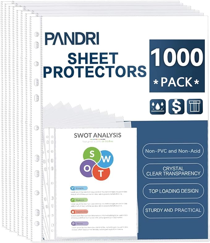 Sheet Protectors, PANDRI 1000 Pack Clear Heavy Duty Plastic Page Protectors Sheet Reinforced 11-Hole Fit for 3 Ring Binder Fits Standard 8.5 x 11 Paper, 9.25 x 11.25 Top Loaded, Excluding Acid