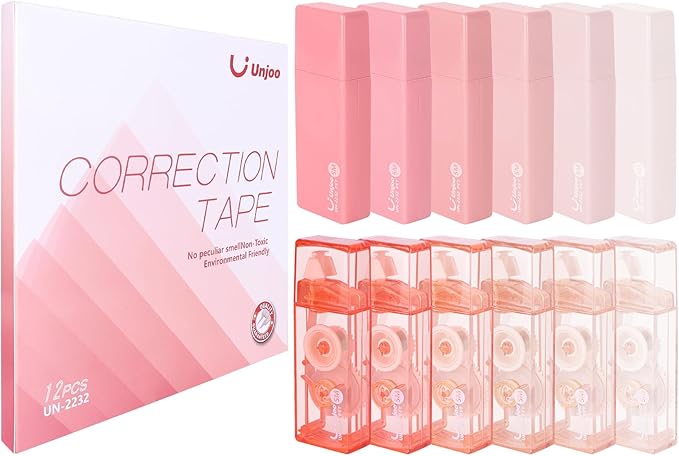 Unjoo White Correction Tape, Easy To Use Cute Applicator for Instant Corrections, For school, Office Workers (Gradient Pink, 5M/196" x 0.2",12pack)