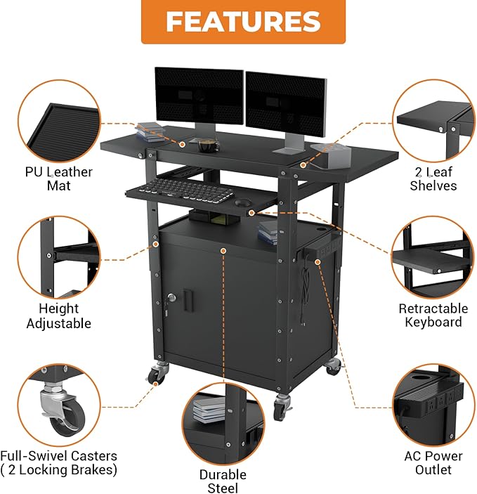 Mobile AV Cart with Pullout Keyboard Tray, Rolling Computer Cart Height Adjustable Rolling Media Utility Cart with Extra Storage Space, 4 Outlets, Perfect for Home or Office Use