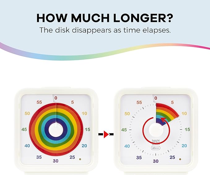 TWENTY5 SEVEN Countdown Timer, 60 Minute 1 Hour Silent Visual Timer, Magnetic Classroom Teaching Tool Office Meeting, Countdown Clock for Kids Time Management, Rainbow