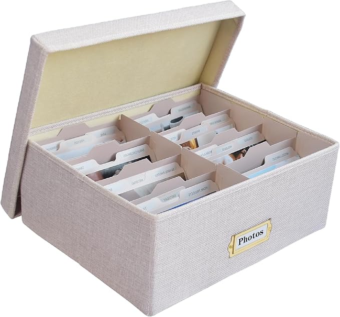 Sprsthai Linen Photo Storage Box – Holds 1700 Photos, 24 Adjustable Dividers & 72 Labels Multi-Use Organizer for Photos, Envelopes, Recipes Beige
