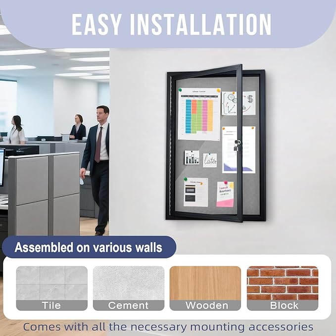 Homezelle Enclosed Bulletin Board 36"x24" Outdoor Weatherproof Cork Noticeboard with Locking Door Wall-Mounted Gray Fabric Black Aluminium Frame for Home, School, Office, Community, Hospital