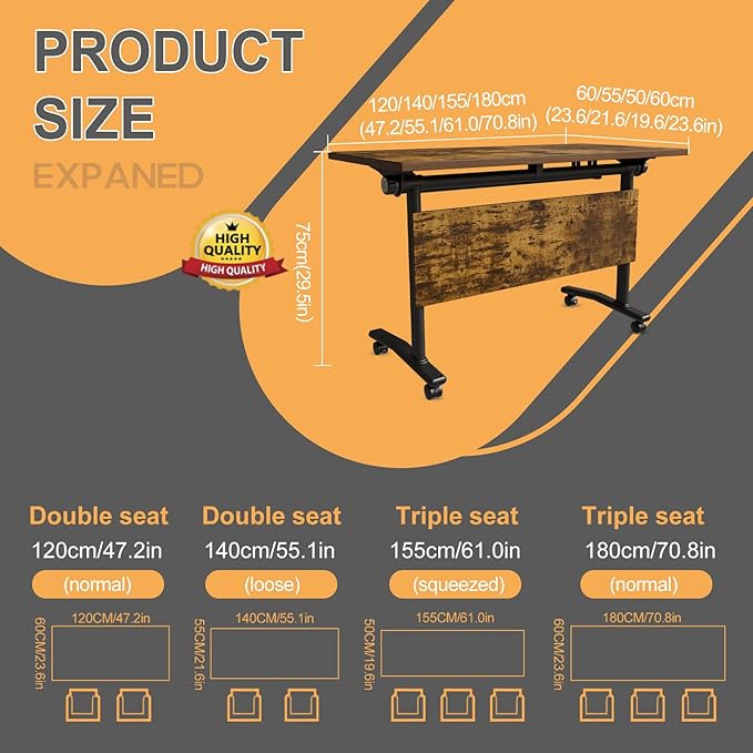 Folding Conference Table 4ft 5ft, Foldable Office Meeting Desk for 6 People, Multiple Sizes Colors Mobile Conference Room Table for Training Room School Business Furniture (6, Brown, 55in)