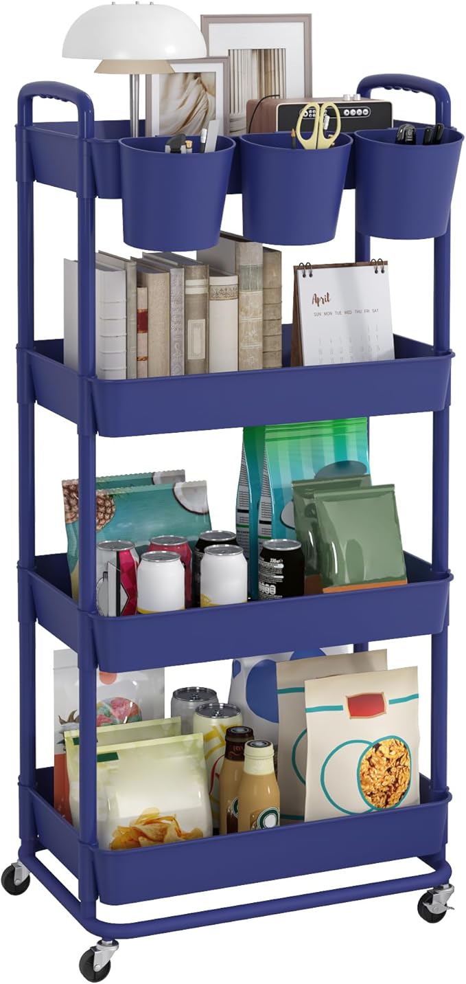 JIUYOTREE 4-Tier Plastic Rolling Storage Cart Utility Cart with Extra Hanging Cups Handles Lockable Wheels for Living Room Bathroom Kitchen Office Blue