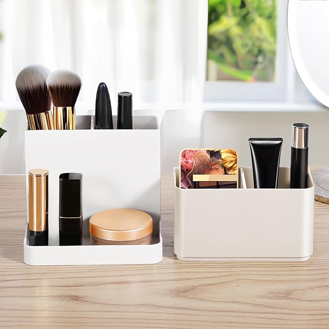 Poeland Desktop Storage Organizer Pencil Card Holder Box Container for Desk, Office Supplies, Vanity Table Tan