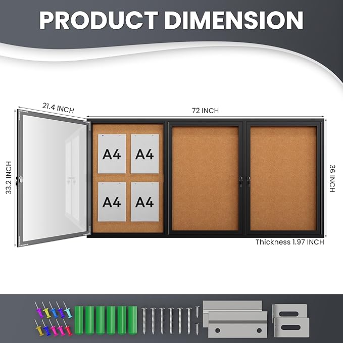 72"x36" Lockable Enclosed Bulletin Board, Outdoor Cork Weather-Resistant Aluminum Frame Notice Board, Wall Mounted Display Case Acrylic Doors for School,Office,Black Frame w/Cork