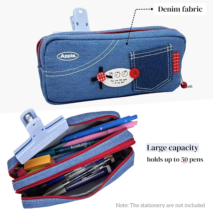 Haumei Canvas Pencil Case Large Capacity, Big Denim Pen Pouch with Zipper, Cute Durable Portable Stationary Storage Bag Organizer for Adults Women, Light Blue, Button