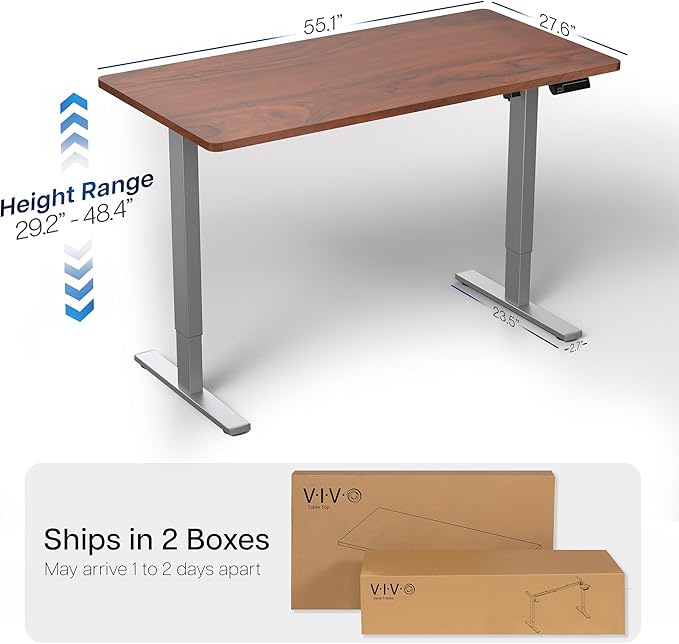 VIVO Electric 55 x 28 in Standing Desk, Memory Height Adjustment, 1B Series, Holds 220 lbs, One-Piece Dark Walnut Top, Gray Frame, DESK-KIT-1G55D