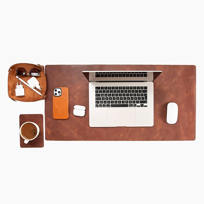 Node Leather - Genuine Leather Desk Mat (32" x 16"), Desk Organizer & Cup Coaster - Leather Office Set - Premium Handmade Office Accessories for Elegant Workspace - Brown