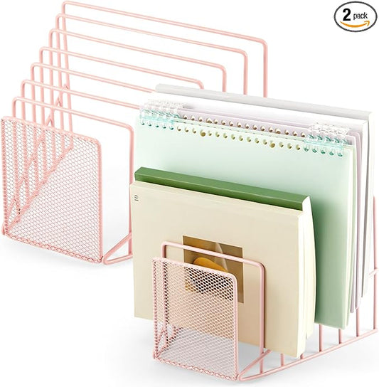 2 Pcs 7 Section Incline File Sorter Metal Wire Mesh File Rack for Desktop Letter Sorter for Magazine Folder Book Organizer Home Office School Paper Mail Desk Storage Holder (Pink)