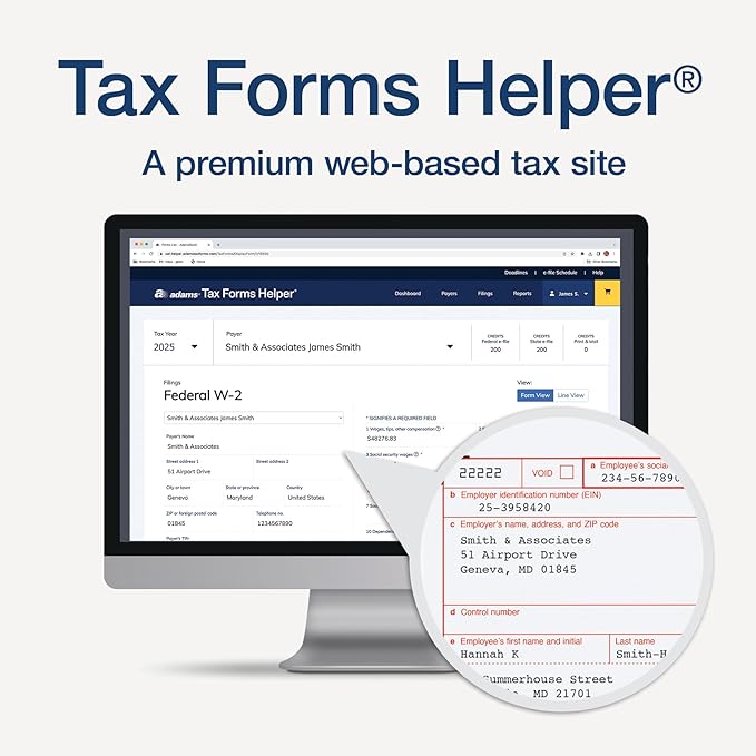 Adams W-2 Forms 2025, 6-Part Kit for 12 Recipients, Includes 12 Envelopes, 3 W-3 Forms, QuickBooks Compatible, eFile Access and Printing Through Adams Tax Forms Helper Software (1017237)