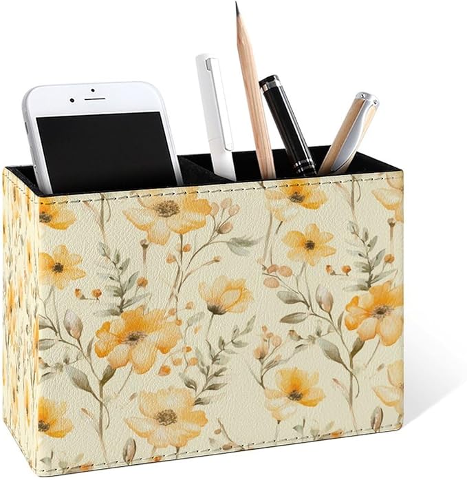Famame Yellow Flowers Small Leaves Pencil Holder for Desk, Leather Desktop Container Pen Cup Storage Study Table Pen Organizer Makeup Brush Holder for Classroom Office Home