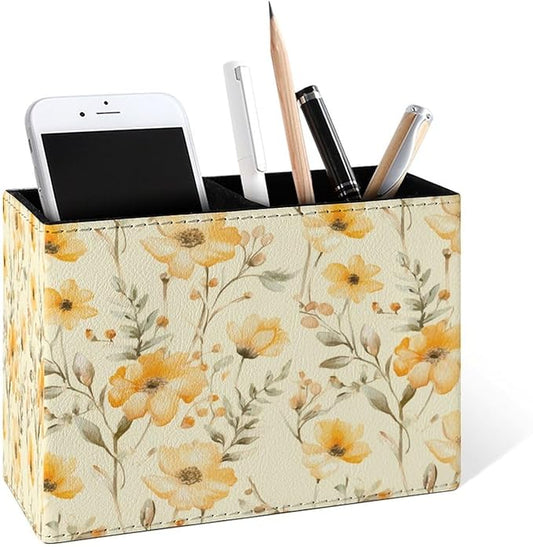 Famame Yellow Flowers Small Leaves Pencil Holder for Desk, Leather Desktop Container Pen Cup Storage Study Table Pen Organizer Makeup Brush Holder for Classroom Office Home
