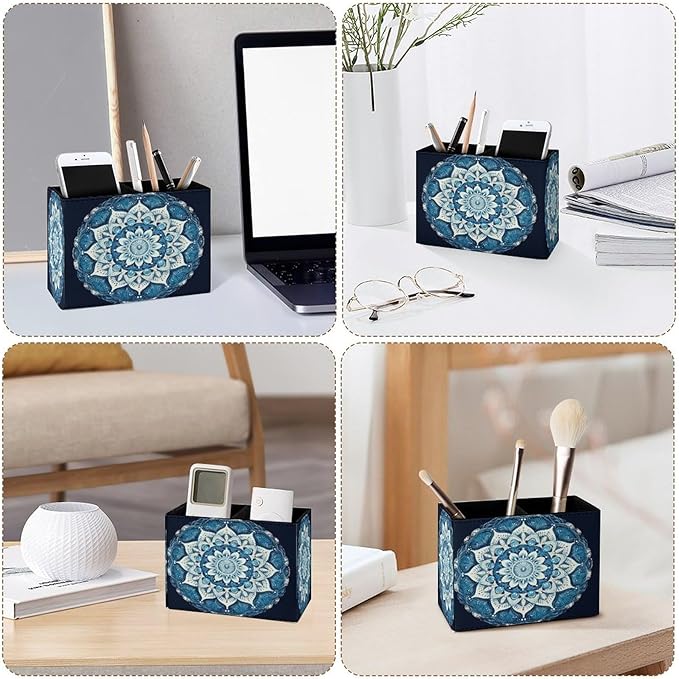 Famame Round Blue Mandala Pencil Holder for Desk, Leather Desktop Container Pen Cup Storage Study Table Pen Organizer Makeup Brush Holder for Classroom Office Home