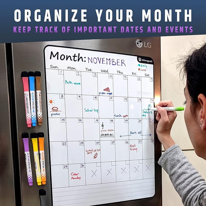 Large Dry-Erase Magnetic Monthly Calendar + Free Bonus: 3 Grocery/to-Do List Whiteboards (Organizer/Planner) for Kitchen Fridge - Full Set: 8 Markers + Eraser | Stain Free | Vertical